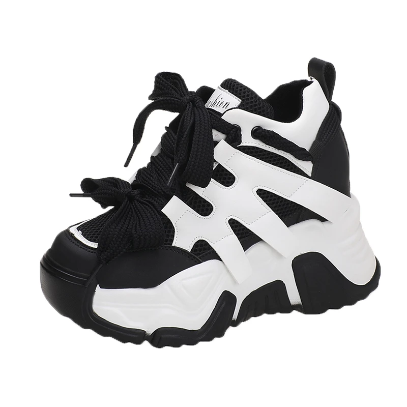 Women Autumn Leather Sneakers 10CM Heels White Mesh Casual Shoes New Fashion Woman Trainers Lace-Up Breathable Platform Sneakers