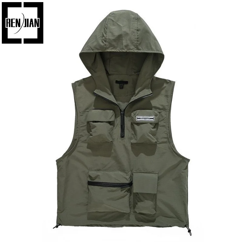 

Мужской жилет Techwear с капюшоном, модные тактические жилеты для мужчин, топы с рукавами и несколькими карманами