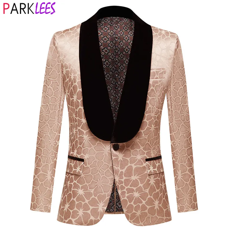 Pink Floral Jacquard Tuxedo Blazer Jacket Men Shawl Collar One Button Mens Suit Jackets Wedding Dinner Party Costume Homme 2XL