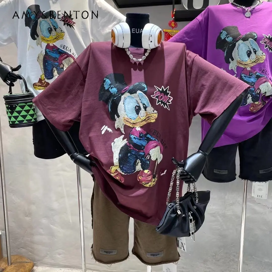 

European American Fashion O-Neck Short Sleeve T-shirt 2023 Spring New Cartoon Letters Loose Slimming Large Version Versatile Top