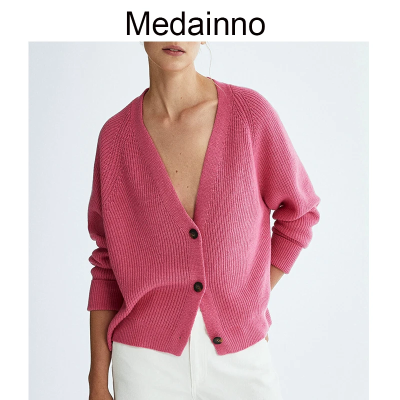 

Medainno 2022 Autumn Fashion Women New Ribbing Knitted Sweater Cardigans Coat Casual Elegant Solid Simple Tops Female Chic