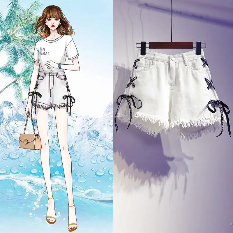 Denim Women's Spring and Summer Large Size Plump Girls High Waist Loose Wide Legs Lace-up A- line Hot Pants Fashion