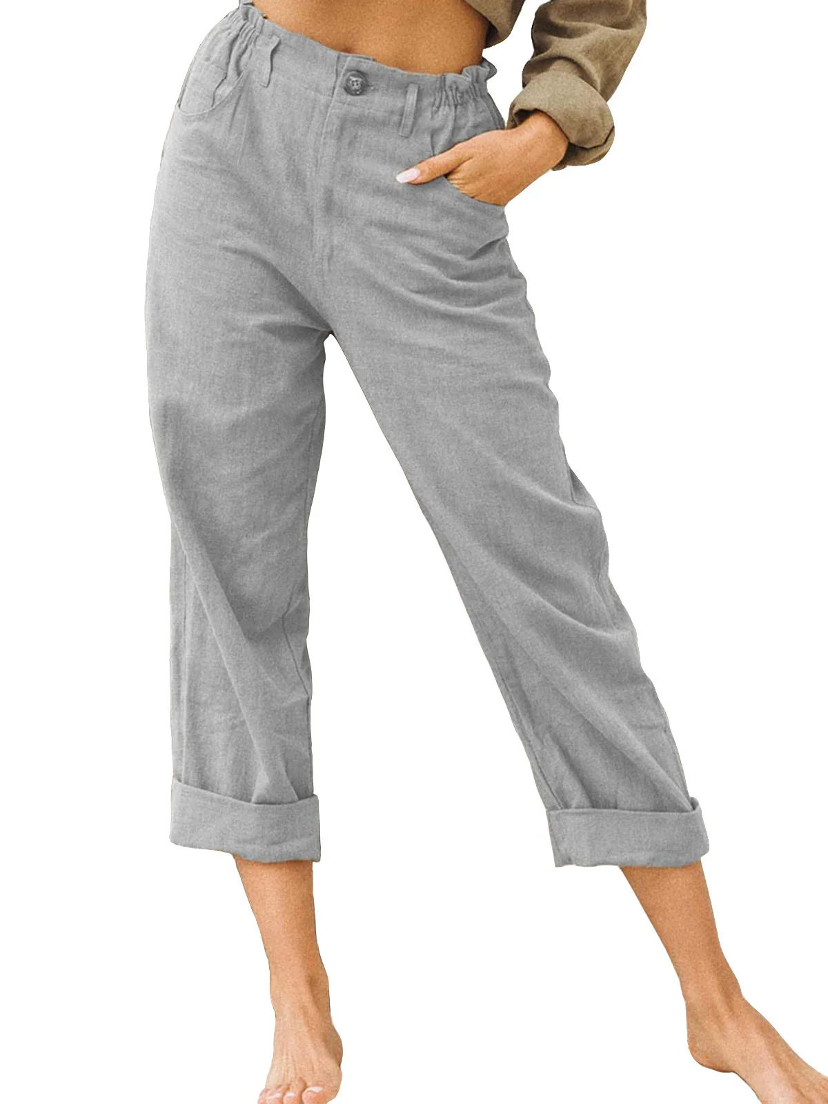 

Women's Simple Trousers Spring Autumn Casual High Waist Ladies Loose Cropped Pants Comfortable Solid Cotton Linen Famale Pants