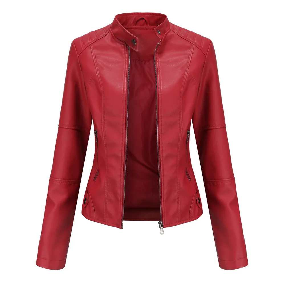 

XS-4XL Womens Faux PU Leather Jacket Spring Autumn Female Coat Stand Collar Zipper Slim Moto & Biker Ladies Outerwear Hw75