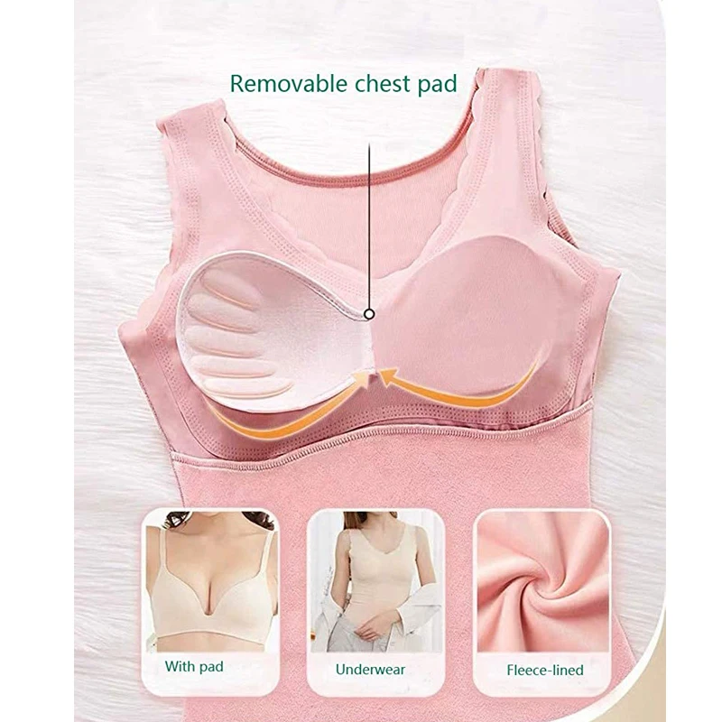 Women's V-Neck Fleece Lined Tank Top Thermal Underwear Built-in Bra Camisole Vest Winter Clothes Thermal Shirt Camiseta Termica