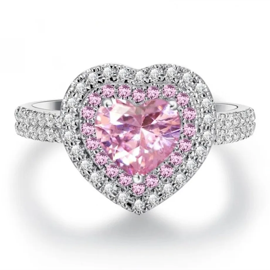 

Zircon Full Diamond Ring High Quality Jewelry Pink Heart Ring Platinum Plated Boutique Women's Rings Wedding Accessories Gifts