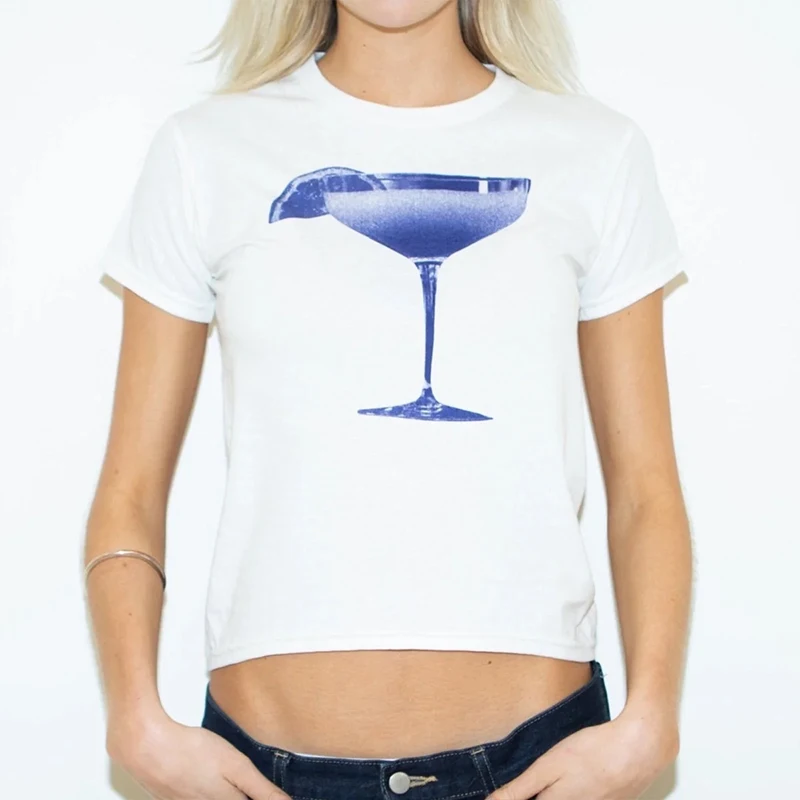 Женская высокоэластичная однотонная простая футболка с принтом бокала для вина