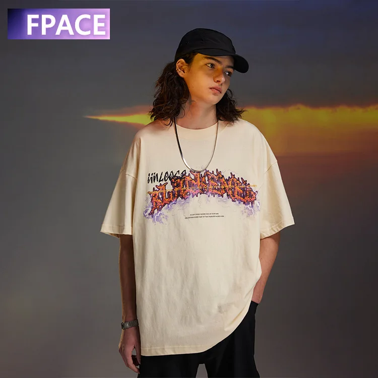

2022 Spring and Summer New American Street Fashion Retro Personalized Lightning Letter Print Loose Short Sleeve T-shirt for Men