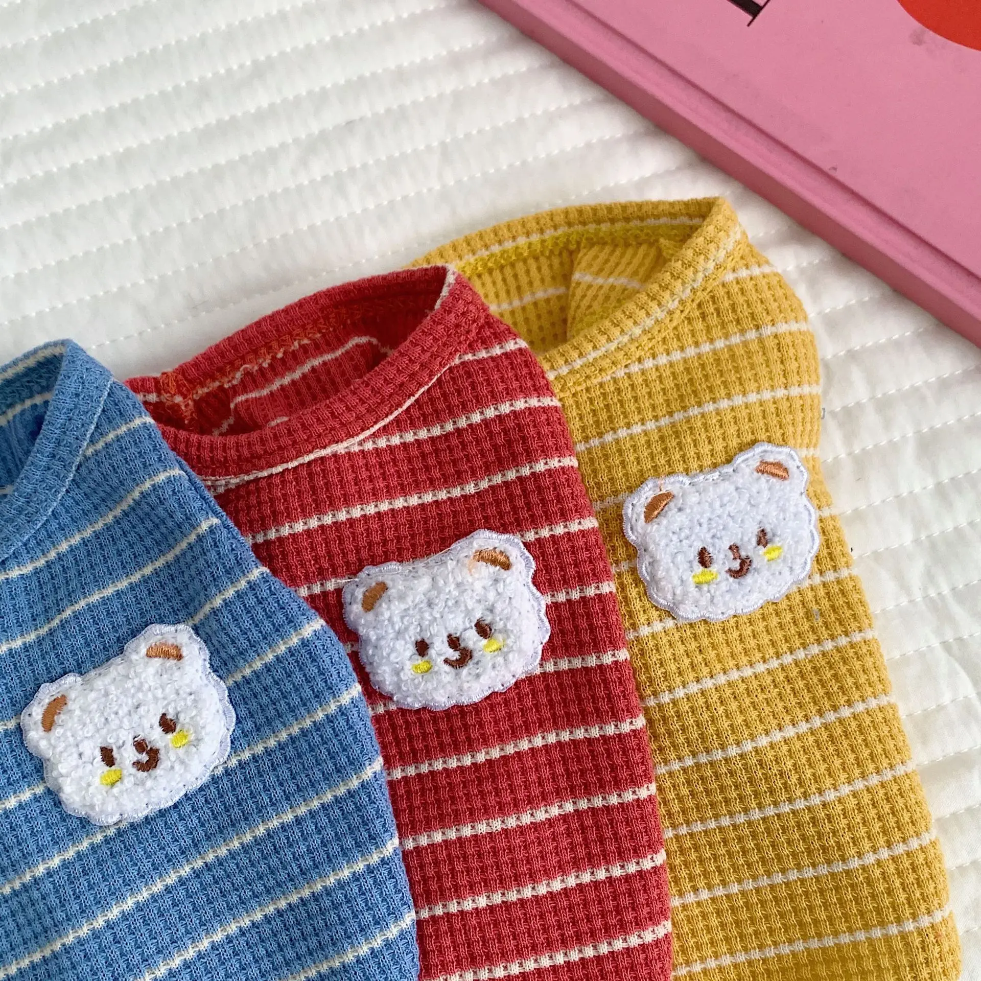 

New Ins Pet Cat Bear Vest Small Dog Schnauzer Dog Clothes Summer Striped T-shirt Summer Cute Lace Cartoon Pet Clothes