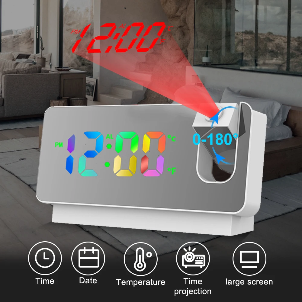 

Цифровой электронный будильник светодиодный, потолочный проектор с вращением на 180 °, Проекция времени, USB, настольные, прикроватные, беззвучные часы для спальни
