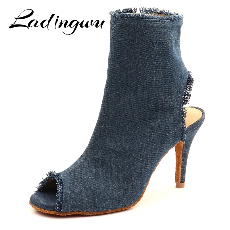 Ladingwu-zapatos de baile de mezclilla para mujer, botas clásicas azules de estilo latino, zapatos de baile de Samba Cha, diseño recortado de tacón, 2022