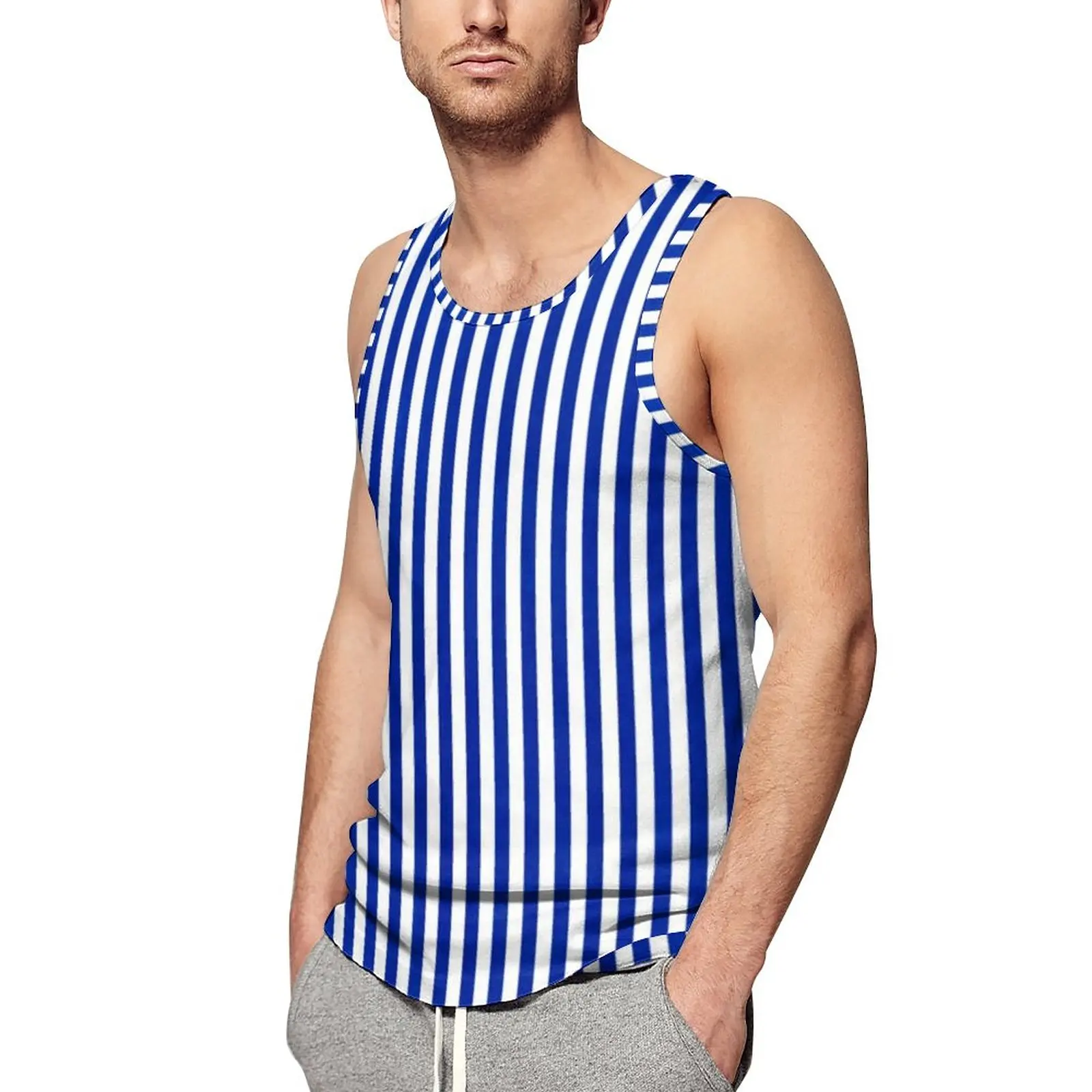 

Nautical Blue And White Tank Top Man's Vertical Stripes Muscle Tops Summer Bodybuilding Custom Sleeveless Vests Plus Size 5XL