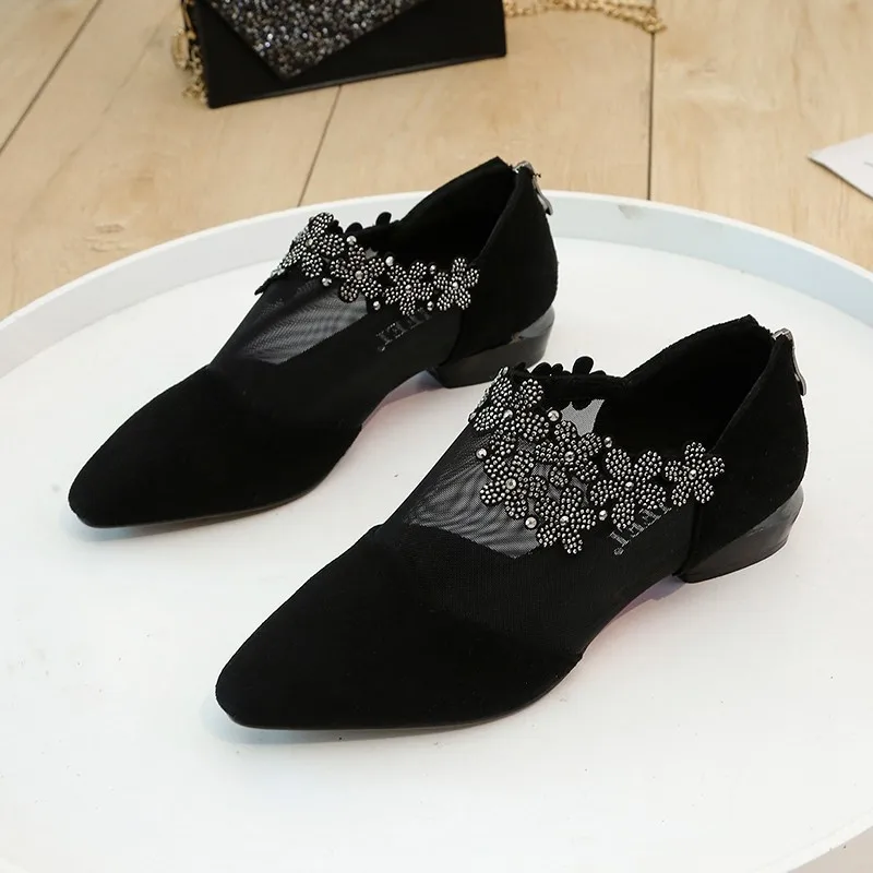 

2023 New Sandals Women Fashion Rhinestone Sandals Women Flowers Low Heel Sandals Women Mesh Plus Size Sandals Sandalias Mujer