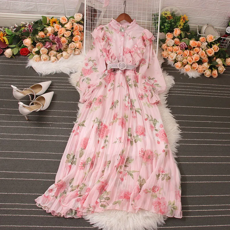 

Платье женское шифоновое Плиссированное с цветочным принтом, воротником-стойкой и длинными рукавами