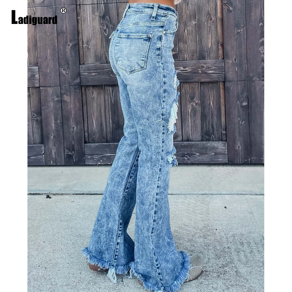 Ladiguard 2023 Sexy Flare Jeans Pants Women's Hole Ripped Denim Trouser Boyfriend Boot Cut Pantalon Female Skinny Jean Pant