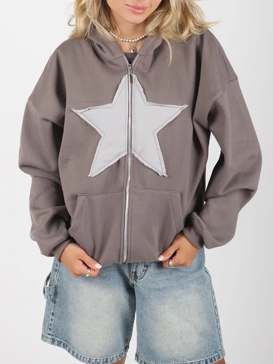 New Fashion Women Gothic Zip Up Hoodies Long Sleeve Star Patchwork Oversized Sweatshirts Streetwear Tops Hot Sale S M L