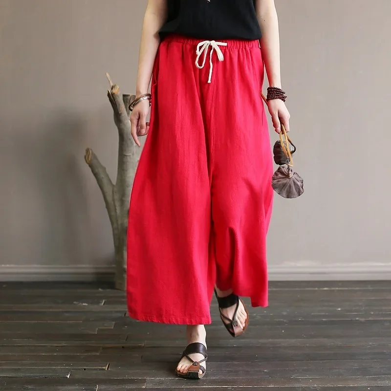 Брюки из хлопка и льна с широкими штанинами повседневные свободные винтажные