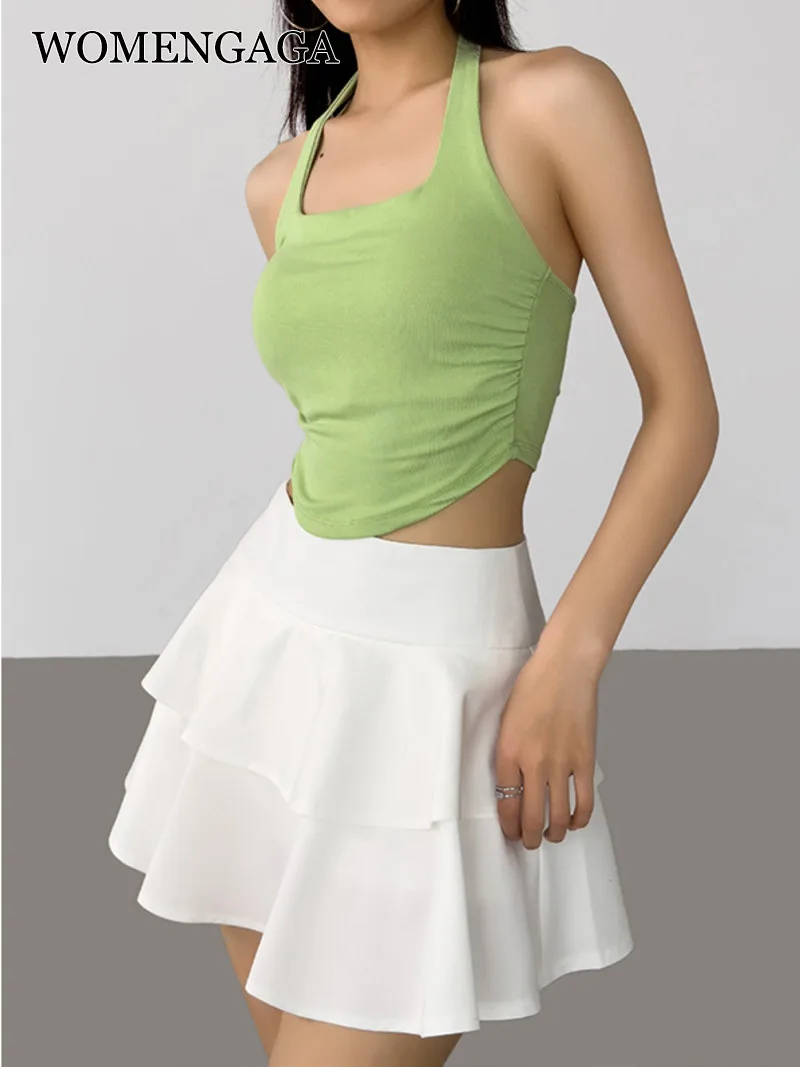 

WOMENGAGA Summer Korean Style Neck Hanging Camisole Female Hot Girls Super Short High Waist Black Sports Top Tank TP1J
