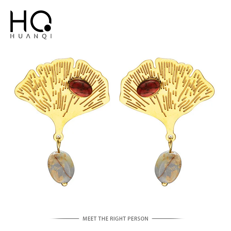 

HUANQI 2023 New Fashion Stone Ginkgo Leaf Titanium Steel Texture Gold Color Earrings for Women Party Designer Jewelry Gifts