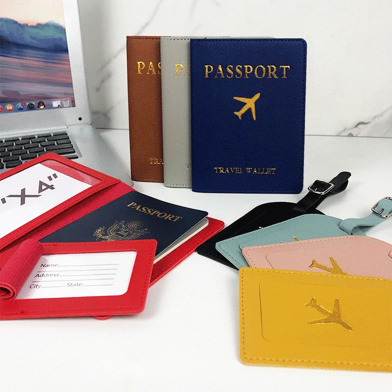 

2023 new imitation leather stamping with signature paper pu leather travel multifunctional passport holder luggage tag set card