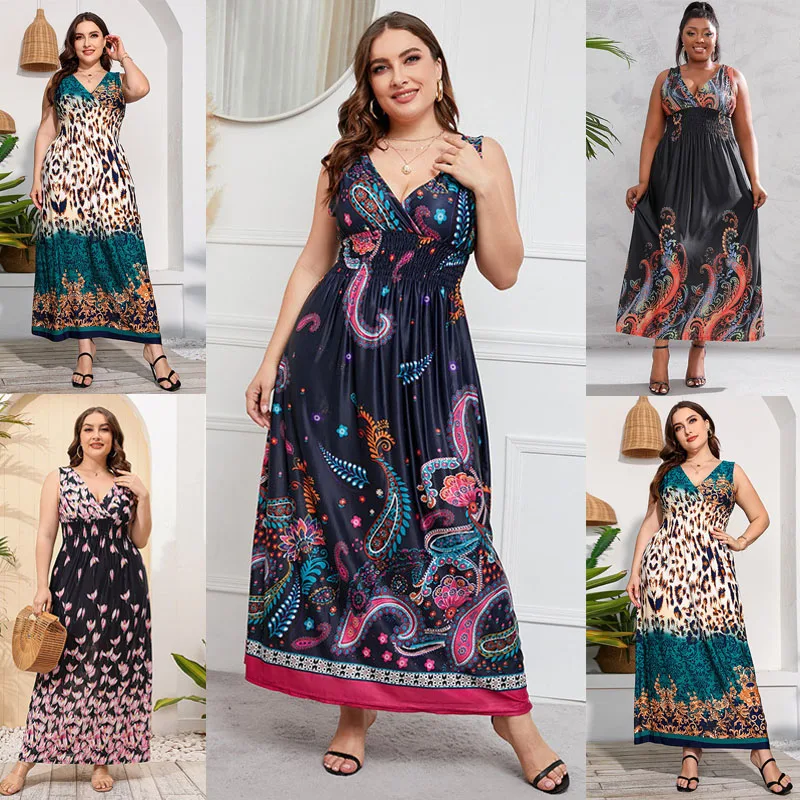 

5XL Fashion V Neck Floral Print Boho Dress Women Summer Sleeveless Maxi Dresses Holiday A-line Female Deep V-neck Dress Holiday
