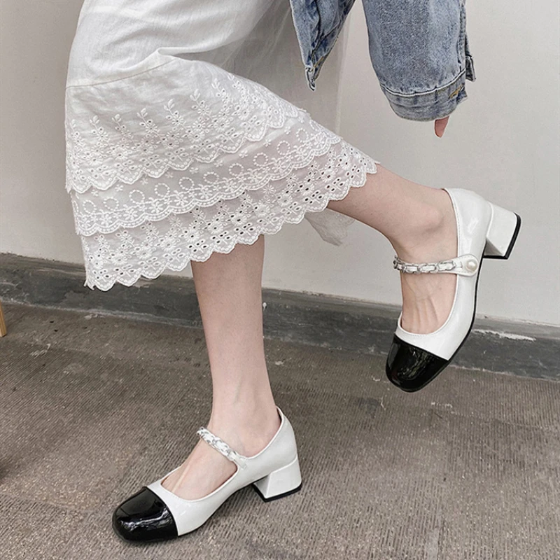 

Women's Thick Heel Leather Shoes Spring New Retro Square Toe Color Matching Mid-heel Mary Jane High Heels Ballet