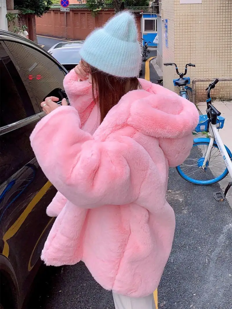 Женская зимняя толстовка с капюшоном из искусственного кроличьего меха