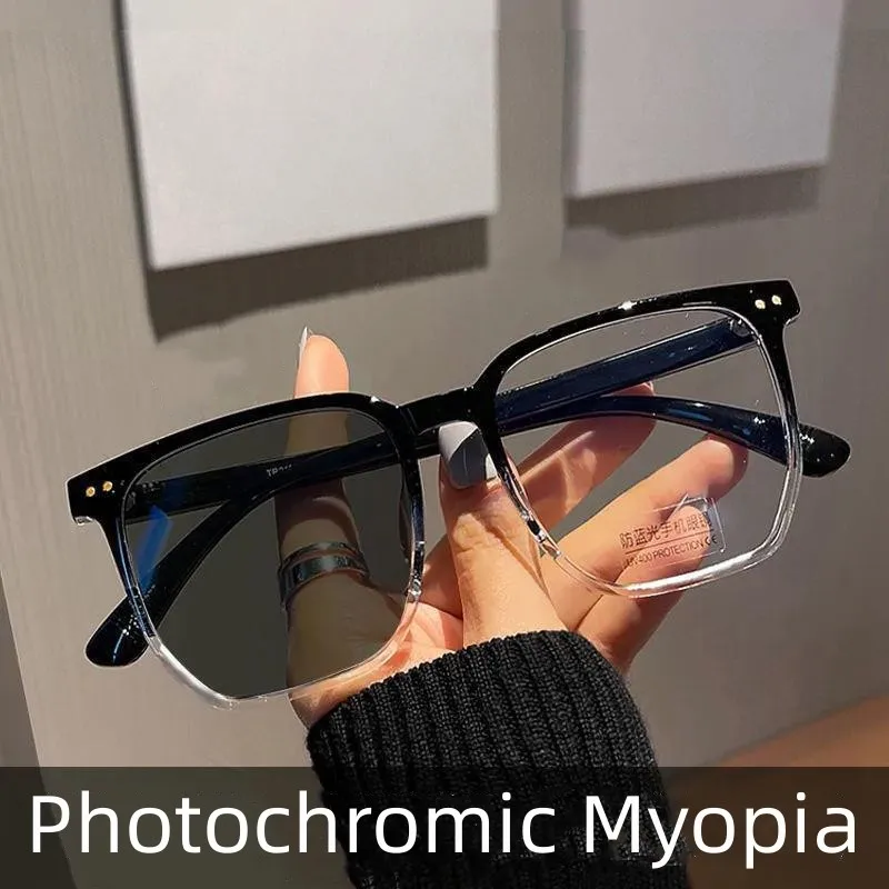 

New Intelligent Photochromic Glasses Men Women Big Square Frame Myopia Eyeglasses Unisex Vintage Short-sighted Diopter Eyewear