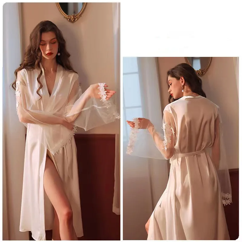 

Women Long lace Trim Voile Sleeves Satin Wrap Robes Wedding Bride White Sleepwear Bridesmaid Dressing Gown