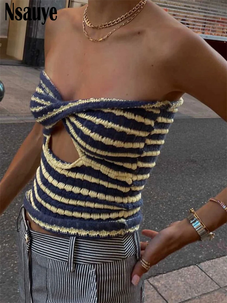 

Nsauye Y2K Fashion Knitted Stripe Party Twist Crop Tops Women Sexy Night Club Summer Off Shoulder Vintage Beach Tank Tops 2022