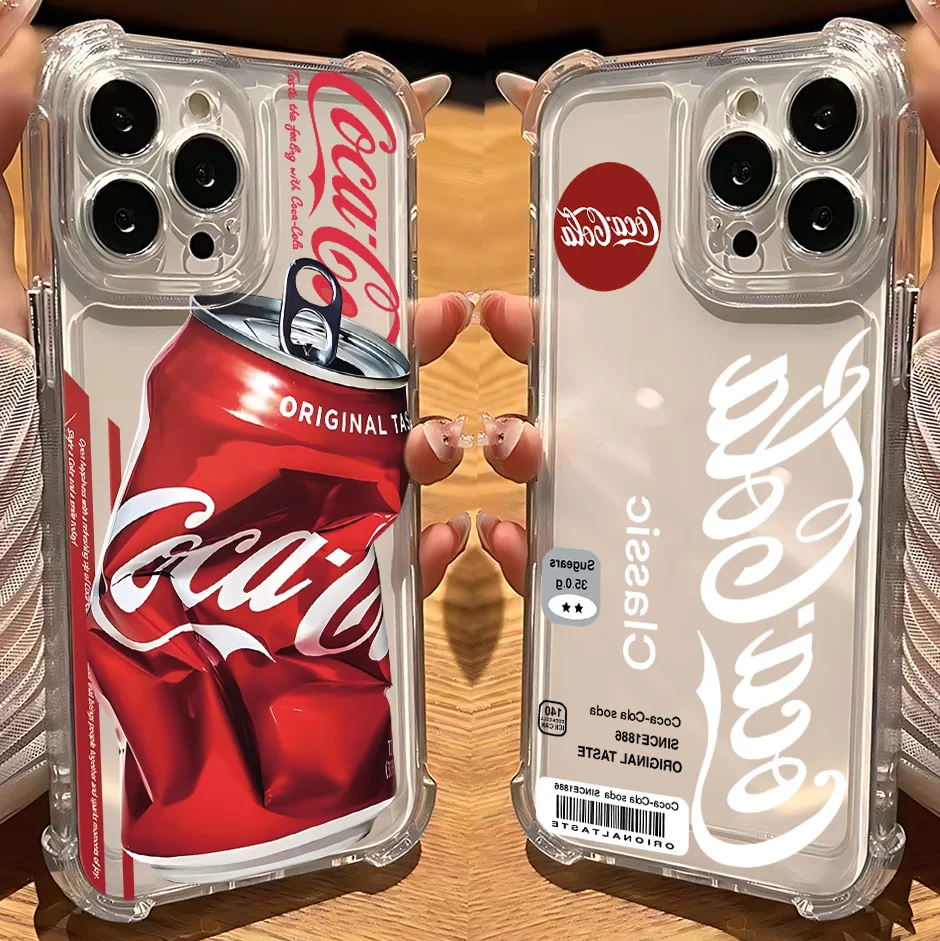 Фото Прозрачный противоударный чехол для iPhone с дизайном Coca-Cola для моделей 17, 16e, 16, 15, 14, 13, 12, 11 Mini, Air, Pro, Max, X, XR, XS Max, 7, 8 Plus №1