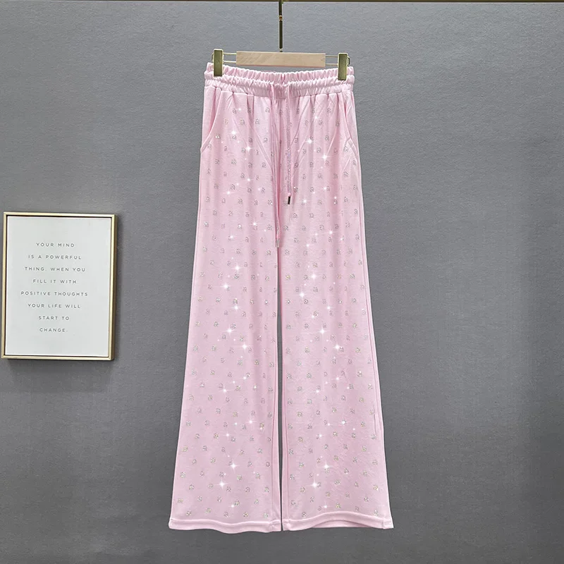 Sparkling Letters Hot Drilling Casual Wide Leg Pants for Women 2023 New Spring Summer Elastic High Waist Loose Long Trousers