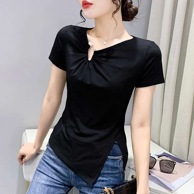 

#5264 Black Green Yellow T Shirt Women Short Sleeve Sexy Cotton Skinny Streetwear Hip Hop T Shirt Asymmetrical Neck Women Tshirt