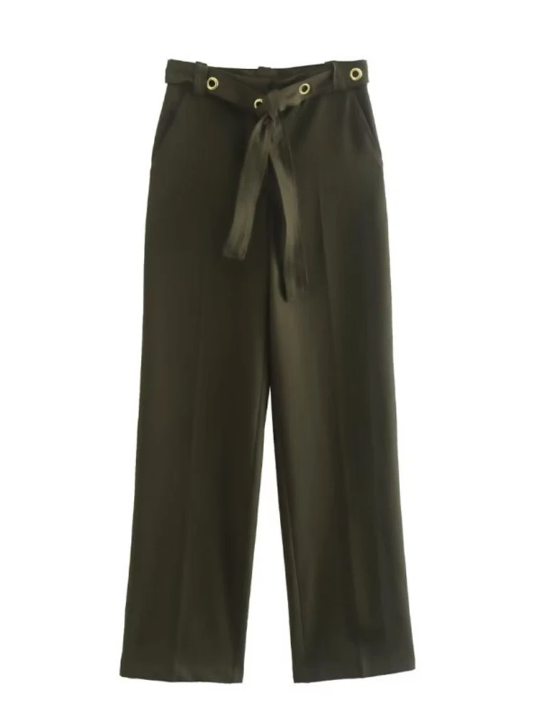 

Женские прямые брюки с завышенной талией, элегантные однотонные брюки с поясом и бантом, одежда для улицы, осень 2022