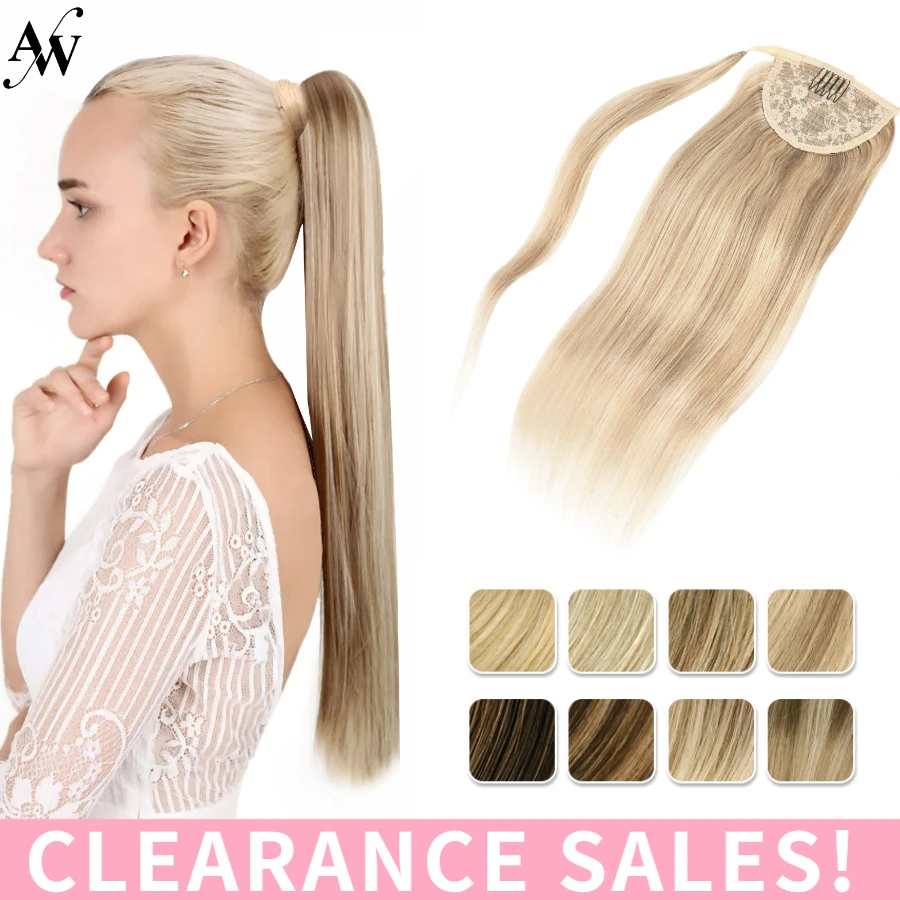 AW 16''-24'' Ponytail Human Hair Wrap Around Hightlight Blond Ponytail Clip In Extensions Balayage Straight Natural Hairpiece