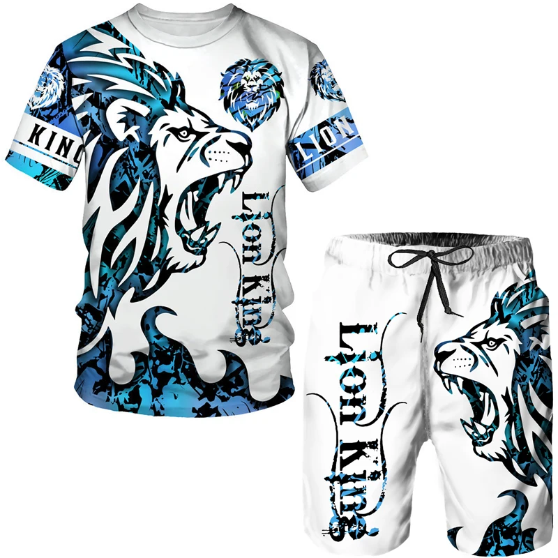 Summer Men's Animal Tattoo White Short Sleeve T-Shirt The Lion 3D Printed O-Neck Tees&Shorts Suit Casual Sportwear Tracksuit Set