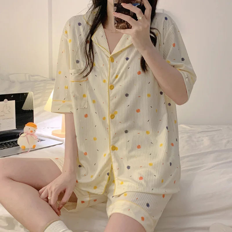 

Yasuk Summer Fashion Women's Casual Girl Kawai Lovely Pocket Sleepwear Pajamas With Shorts Pant Striped Splicing Polka-dots