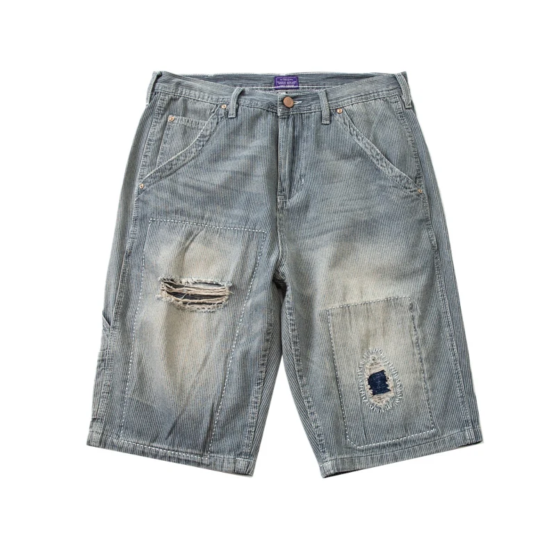Washed Hole Sticking Cloth Patch Hand Embroidered Stripe Denim Shorts Day Fashion Multi Pocket Light Blue Men's Pants Fashion