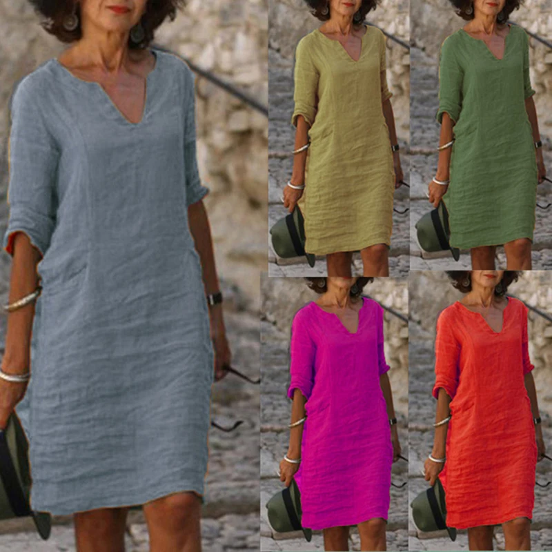 2023 Vintage Women Solid Mini Dress Summer Fashion V-neck Three Quater Sleeve Cotton Linen Dress Ladies Casual Holiday Vestidos
