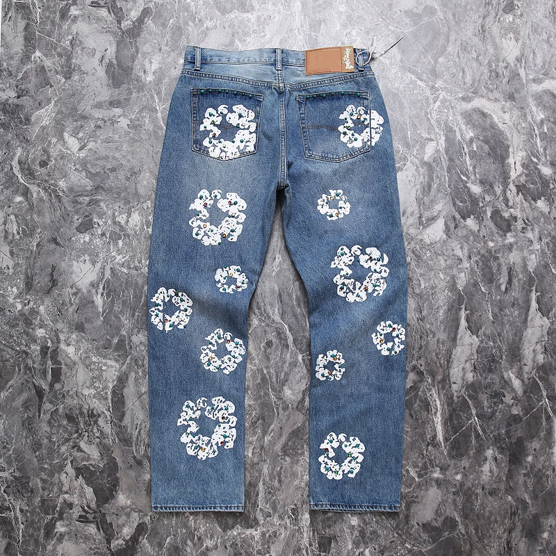 

New Fasion Washed Inlay Gem Jeans Men Women High Quality Kanye Oversized Denim Trouser Hip Hop