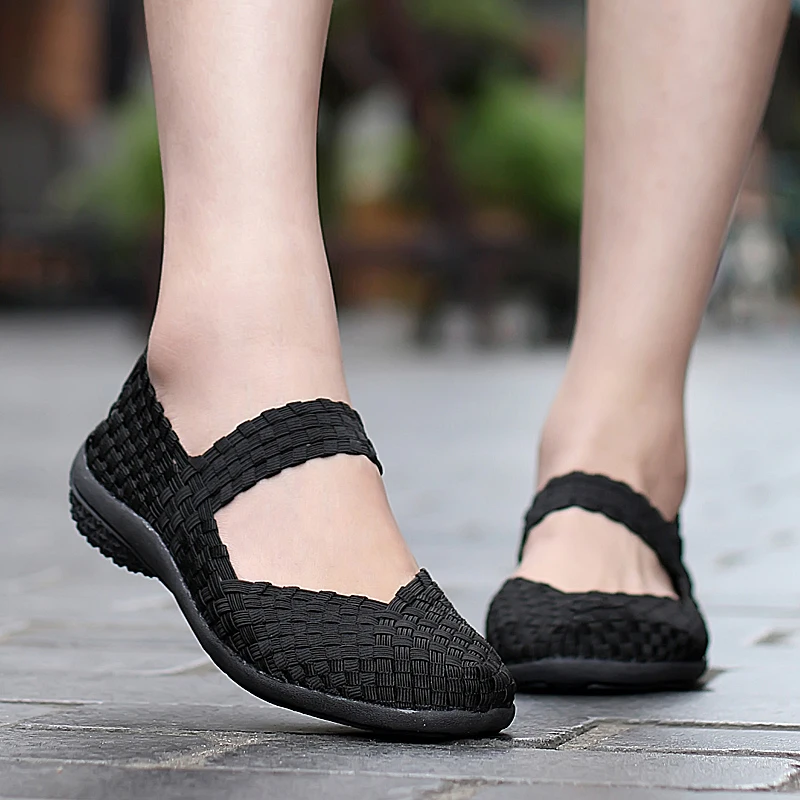 Casual Sneakers Women's Walking Shoes Lightweight Comfortable Female Woven Shoes Breathable Handmade Weave Flats Mother Trainers