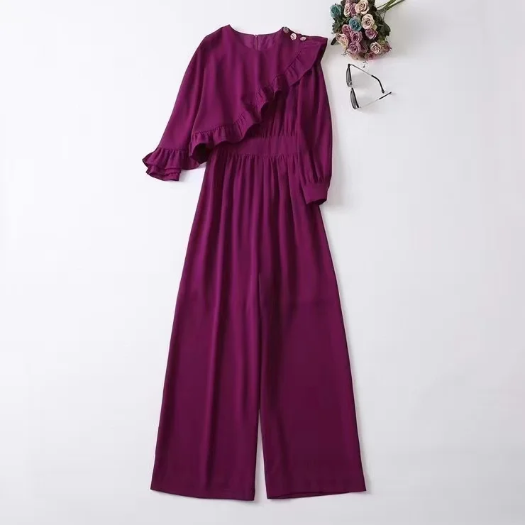 New European and American women's wear for winter 2022 Long sleeve stitching peplum Fashion purple Wide-legged pants jumpsuits