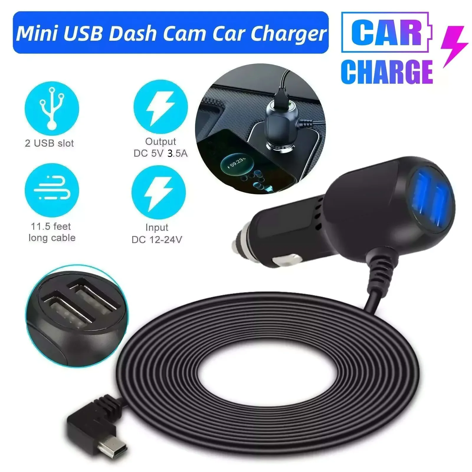 

1 шт. автомобильное зарядное устройство для видеорегистратора, мини-USB-кабель для видеорегистратора, GPS, автомобильные аксессуары 3,5 м со светодиодным индикатором, автоматическое зарядное устройство 12-24 В