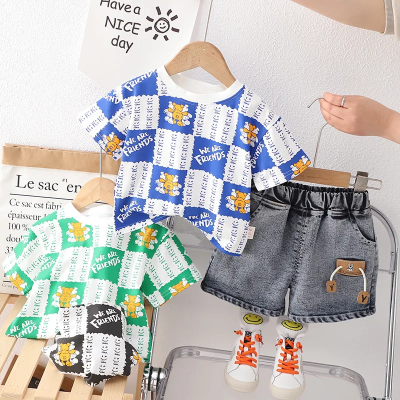 

Larua Kors New 2023 Korean Clothing Set Spring Short Sleeve O Neck Plaid Print Bear Blue 2 Pcs Sets Boys Clothes 12M-5T