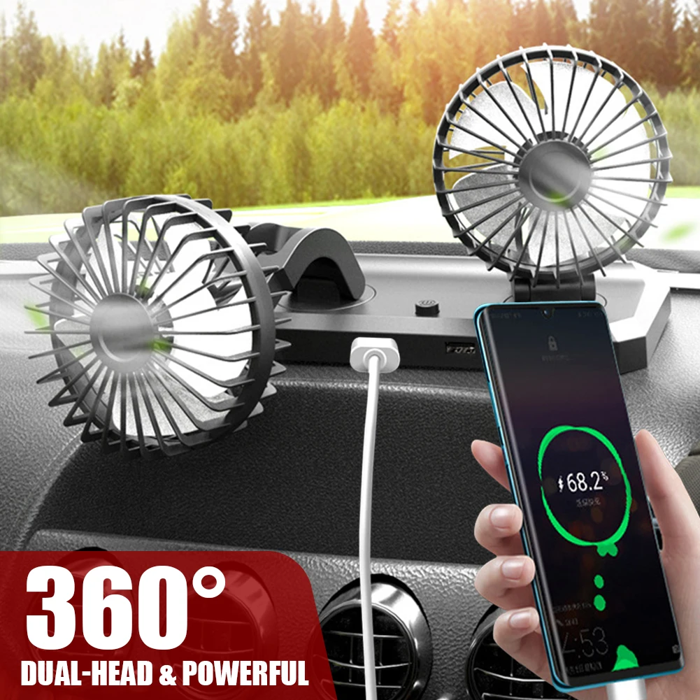 

Universal Car Fan Double-Head USB 5V Or 12V/24V Car Cooling Fan 2-Speed Adjustable Angle With Dual USB Ports For Car Tuck SUV