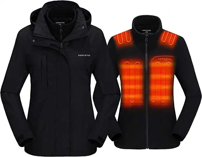 

Женская куртка с подогревом, зимняя куртка 3 в 1 с батарейным блоком 7,4 В, водонепроницаемое лыжное пальто со съемным капюшоном (черный, M)