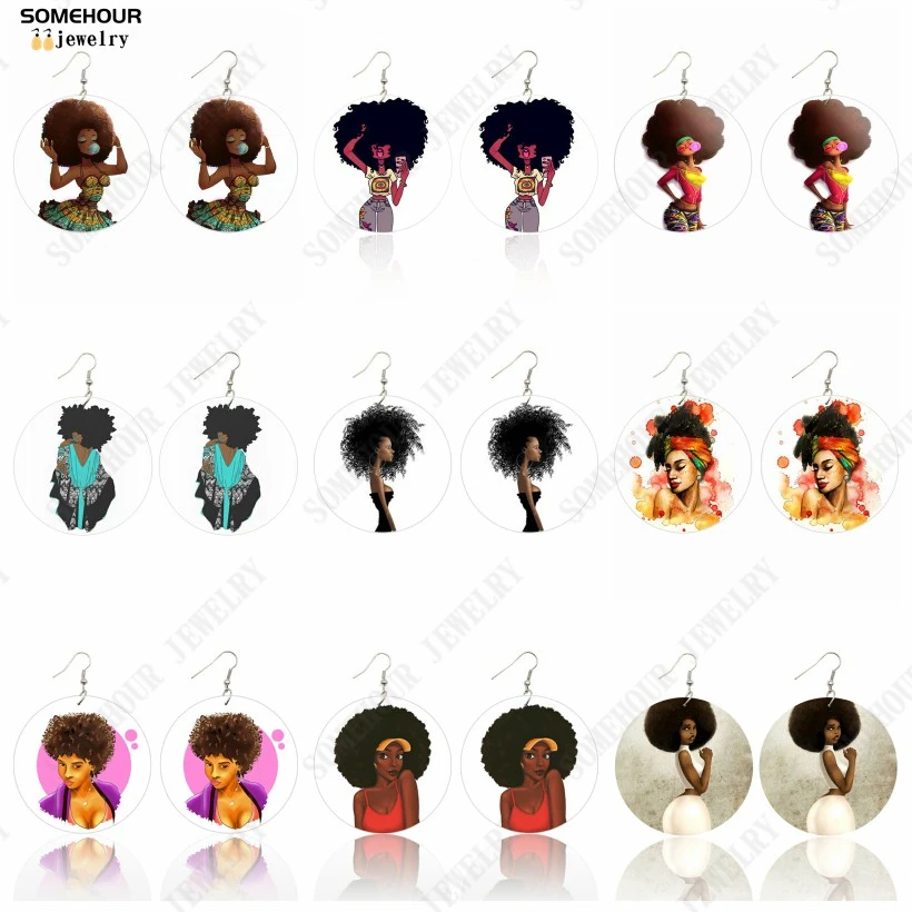

SOMEHOUR Afro Natural Hair Curly Woman Wooden Drop Earrings Black Bubble Girl Print Wood Loops Dangle Jewelry For Lady Gifts