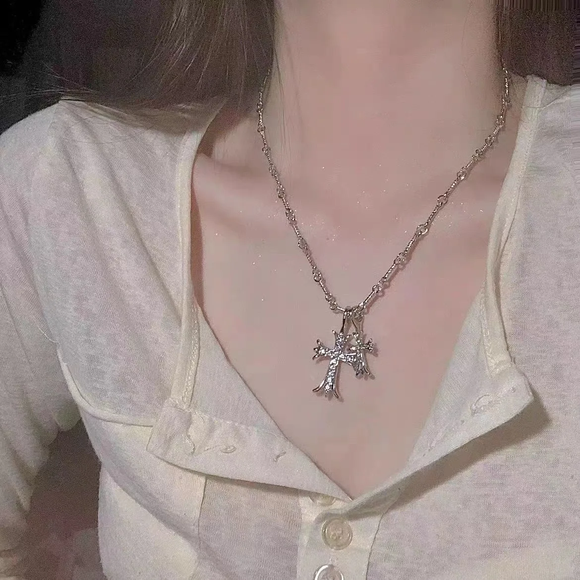 Новинка 2023, модное ожерелье с двойным крестом для женщин, серебряная цепочка из нержавеющей стали, мужское Трендовое ожерелье, ювелирные изделия в подарок