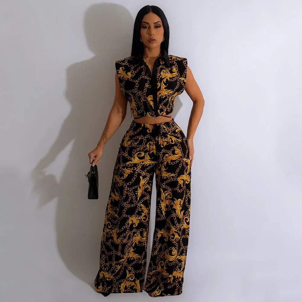 

Женские прямые брюки и рубашка без рукавов, винтажный комплект из двух предметов с принтом пейсли, с широкими штанинами и цепочками, 2023