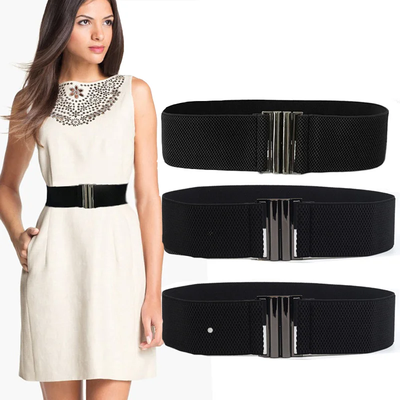 New Elastic Band Wide Belts Simple Down Coat Waist Belt Female Buckle Black Strap Dress Decoration Accessories